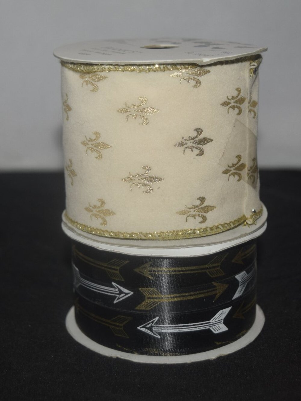Set of 2 Decorative Wired Spool Ribbons - Gold Fleur De Lis & Metallic Arrow